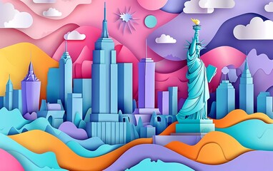 US travel vector illustration. Famous American city landmark background in paper cut art style. Origami skyscraper, statue of liberty,