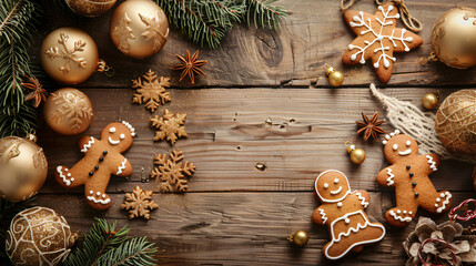 Christmas composition with gingerbread cookies on wooden table
