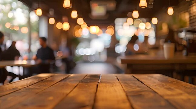 Wooden table with blur people background in cafe