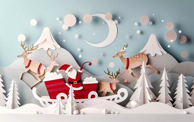 Paper art, craft style Santa Claus and Reindeer are coming to town, Merry Christmas and Happy New Year