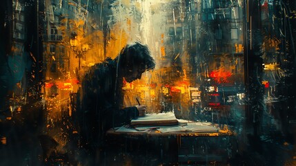 A man is writing in his journal while sitting at a cafe table. It is raining outside