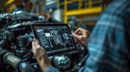 Mechanic Uses Tablet Computer with an Augmented Reality Diagnostics Software. Specialist Inspecting the Car in Order to Find Broken Components Inside the Engine Bay. Modern Car Service.