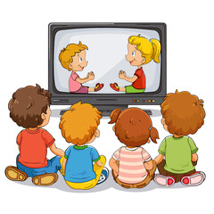 vector children sitting watching TV against a white background .Generative AI