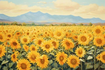 Poster Im Rahmen Sunflower field landscapes painting backgrounds outdoors. © Rawpixel.com