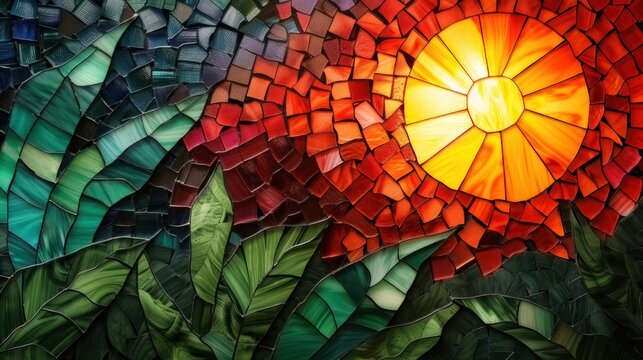 Tropical mosaic, sun and palms with a stained glass illusion being swept by the wind
