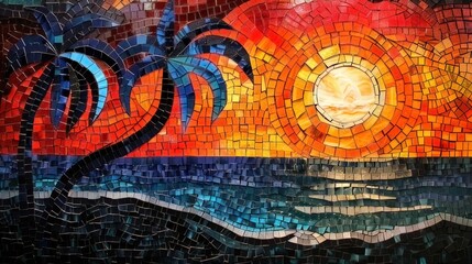 Tropical Motive Mosaic, Sun and Palms with Stained Glass Illusion with Wind blowing
