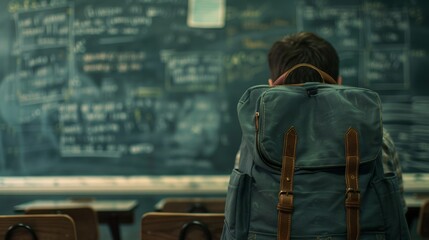 Classic school setting, a close-up on a backpack with the blackboard's written lessons subtly blurred in the background