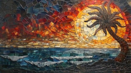 Tropical Motive Mosaic, Sun and Palms with Stained Glass Illusion with Wind blowing
