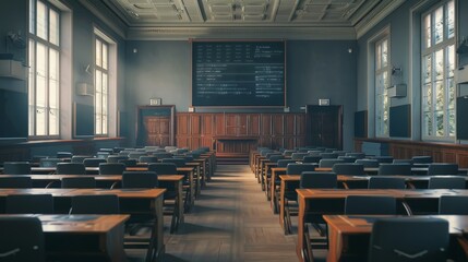 Classic university lecture room, deserted, focused on the empty lecture table with vintage chairs in soft daylight