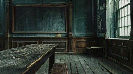 Close-up on an empty, classic classroom with unsettling quiet, detailed texture of wood and old chalk, dimly lit for a spooky effect