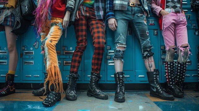 Close-up of rockers leaning against school lockers, vibrant punk outfits clash with the mundane school setting