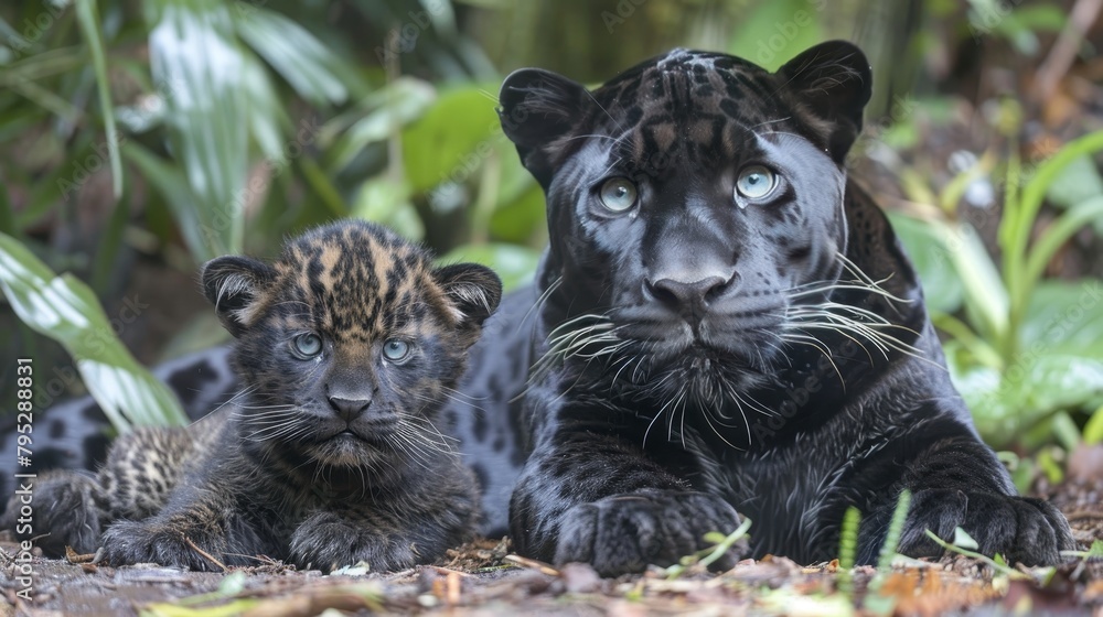 Poster male panther and cub portrait with object on right, ample space on left for text placement