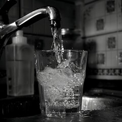 Black and white photo of water being poured into a glass from a faucet.