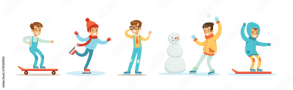 Poster funny boy character enjoy different activity vector set