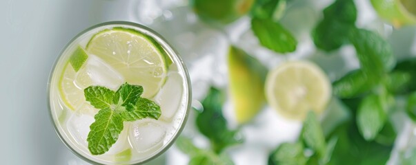 A close up of a glass of water with lime and mint on a white background.