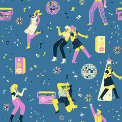 Dancing disco party seamless pattern, karaoke night repeat. People are having fun, singing, vibing, and rolling. Party ball, music speakers, confetti, spotlight background for fabric, wrapping paper.