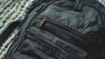 High-detail close-up of a black backpack with zippers and pockets, ready for the back to school season, on a textured gray background