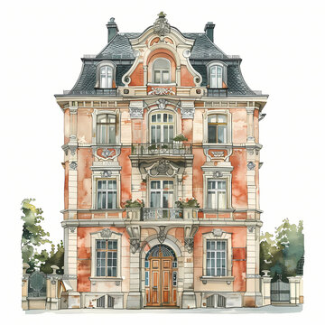 Detailed facade of a European town house around 1900. Watercolor Art. Created with AI.