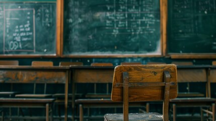 Intimate close-up of an empty classroom, a wooden chair against the backdrop of blackboards, silent yet inviting