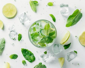 A glass of water with ice, lime and mint on a white background.
