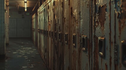 Intimate view of a row of worn lockers in a quiet high school hallway, highlighting textures and the passage of time