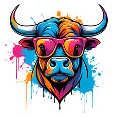 bull mascot wearing glasses in colorful graffiti style for t-shirt