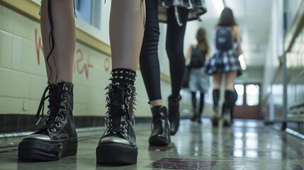 School corridor scene, rockers with spiked bracelets and black boots give an edgy vibe to the conventional space
