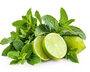A handful of fresh picked mint and a couple of fresh cut limes on a white background.