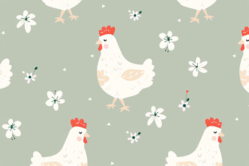 White chicken illustrations with flowers and leaves on a green background