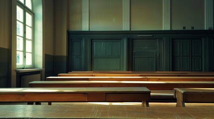 Obraz premium Solitary lecture table in a traditional university classroom, capturing the quiet and academic spirit of the empty space