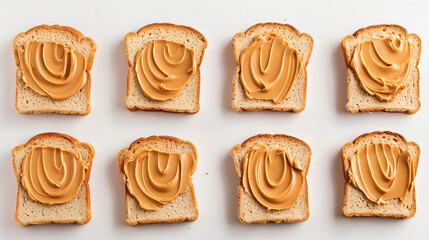 Collage of bread slices with tasty peanut butter on white