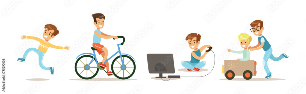 Poster funny boy character enjoy different activity vector set