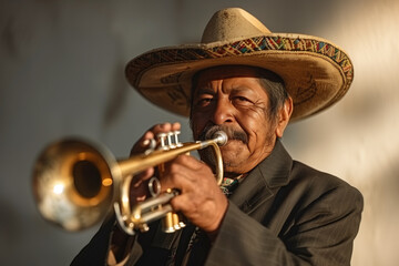 Senior mariachi musician passionately playing the trumpet in traditional attire