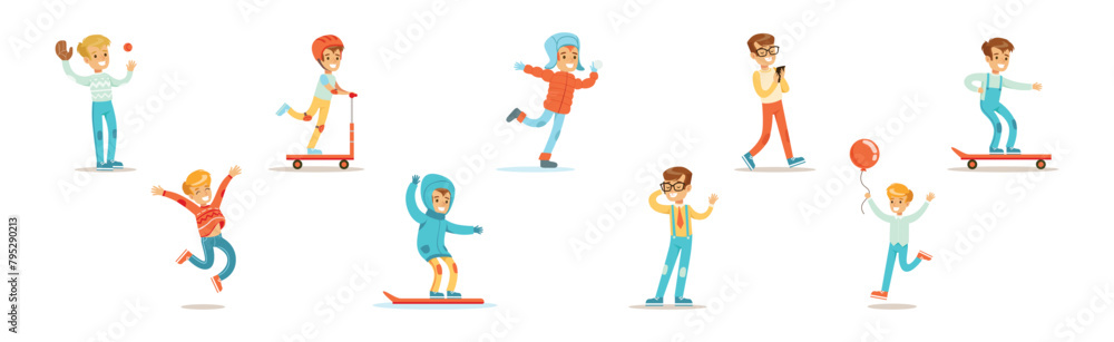 Sticker funny boy character enjoy different activity vector set