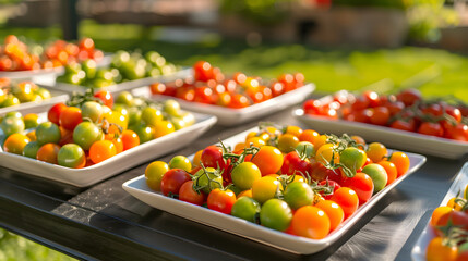 Ripe and colorful tomatoes sorted in trays on a market table, basking in the sunlight with a garden in the background.
