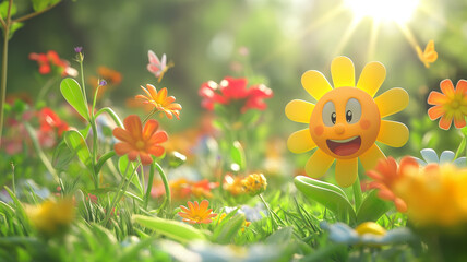 Yellow flower with smiley face in field of flowers