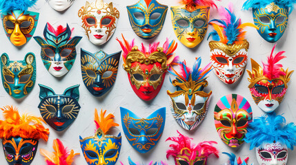 Collage of bright carnival masks with decor on white background