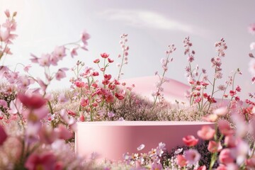 Product podium with a flower hills outdoors blossom nature. - obrazy, fototapety, plakaty
