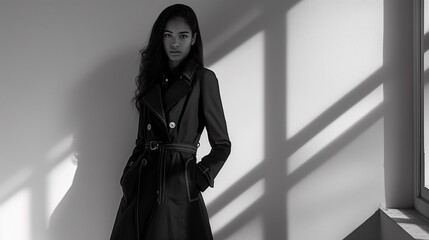 A Model Poses Wearing A Black Belted Trench Coat. - obrazy, fototapety, plakaty