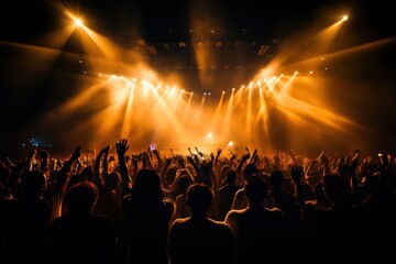 Fototapeta na wymiar Glowing stage light illuminates cheering rock fans nightlife glowing concert