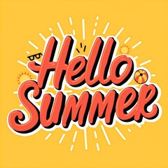 Joyful "Hello summer" hand lettering on sunny orange background with beach ball, sunglasses, sun and sunburst light, holiday poster, card