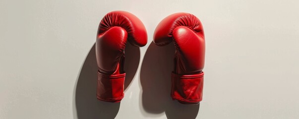A pair of red boxing gloves hanging on a white wall. - obrazy, fototapety, plakaty