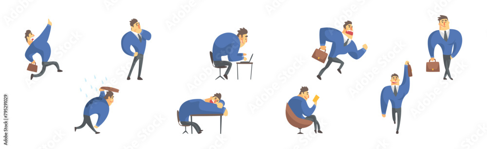 Aufkleber funny business man character in tie in different pose vector set