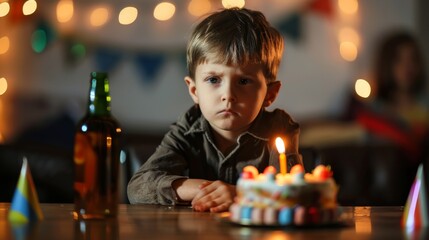 A small boy sits at a table with a birthday cake on it. He looks sad and neglected. There is an empty beer bottle on the table.