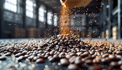 raw coffee pouring from a handful in a bag, against background of a warehouse - obrazy, fototapety, plakaty