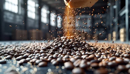 Foto op Plexiglas raw coffee pouring from a handful in a bag, against background of a warehouse © urwa
