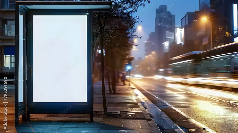 Wall mural at night, a blank white vertical digital billboard poster at a city street bus stop sign, serving as