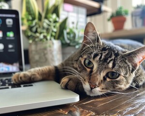 A cute tabby cat is lying on a desk in front of an open laptop.