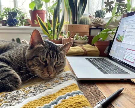 A tabby cat is lying on a crocheted blanket in front of an open laptop.