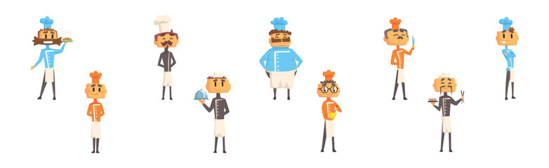 Funny Man Chef Character in Toque Cooking Dish Vector Set